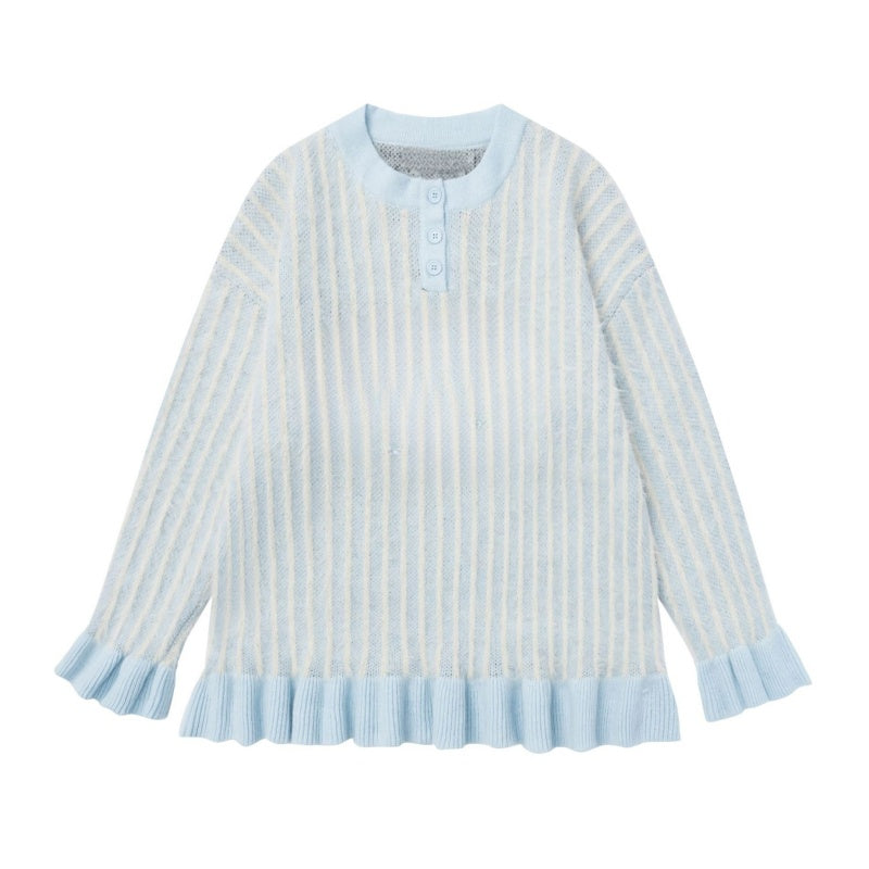 Blue Lace Striped Knit Sweater